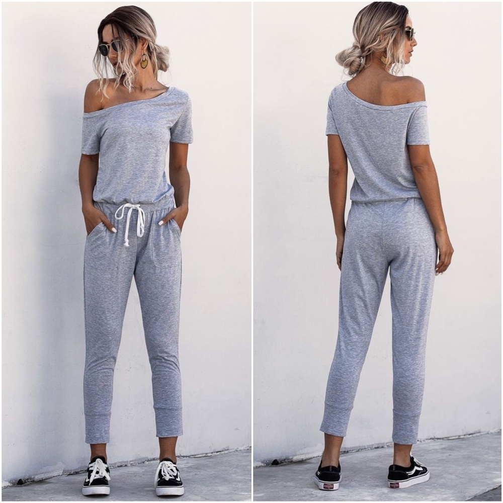 off shoulder waist tie pocket jumpsuit charcoal - Picture 8 of 9